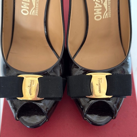 Salvatore Ferragamo Black Patent Leather Peep-Toe Heels - Picture 5 of 6